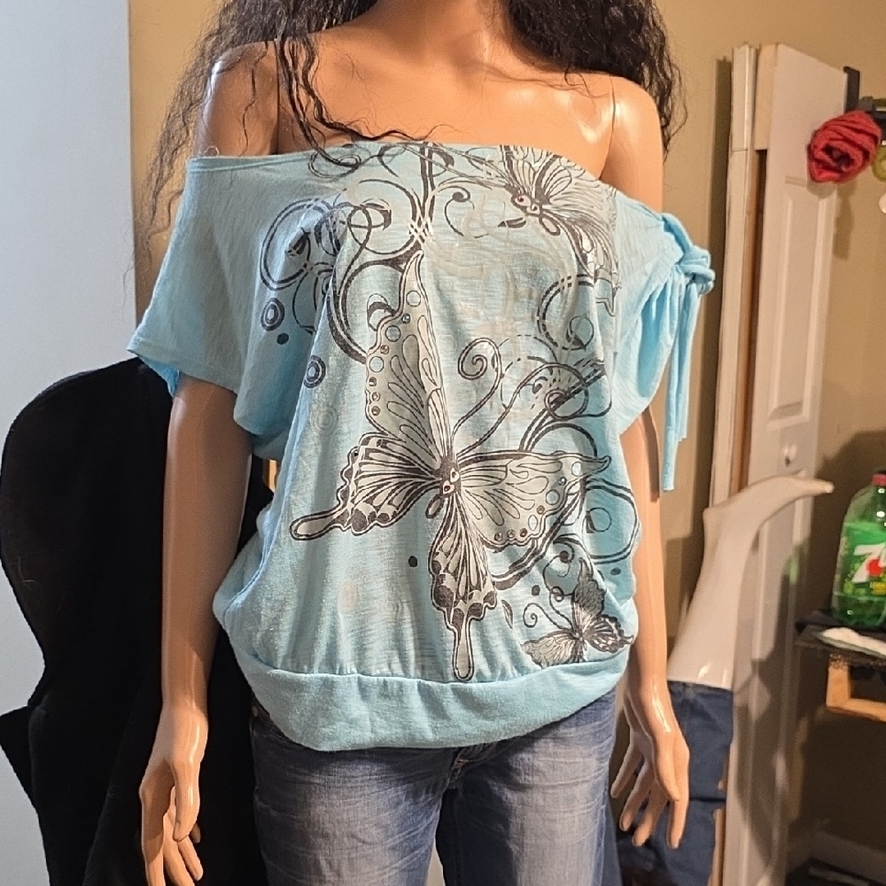 Rhinestone Embelished Sky Blue Off-Shoulder Butterfly Blouse